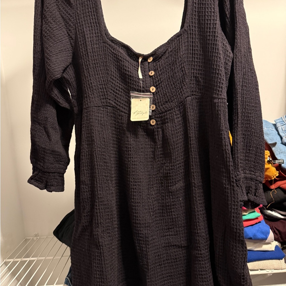 Free People Black Waffle-Knit Button Tunic
